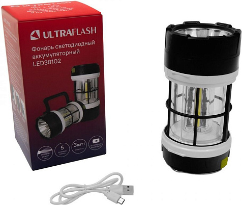 Фонарь кемпинговый Ultraflash  LED38102 акк.18650 3.7V LED+3COB, 5реж, Micro-USB, черн/бел купить в СОМ