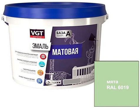 Эмаль акриловая VGT универсальная, RAL6019 мятная, матовая, 1 кг купить в СОМ