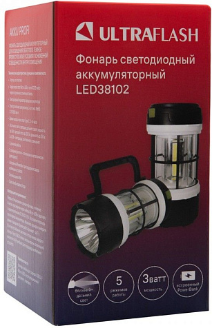 Фонарь кемпинговый Ultraflash  LED38102 акк.18650 3.7V LED+3COB, 5реж, Micro-USB, черн/бел купить в СОМ