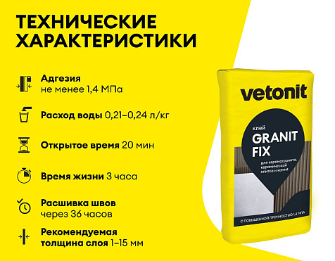 Клей для керамогранита, керамической плитки и камня Vetonit гранит фикс, 25 кг купить в СОМ