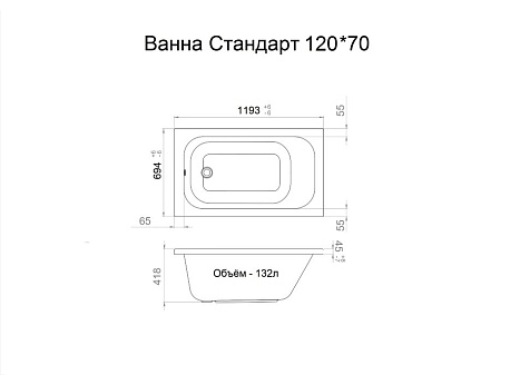 Ванна акриловая Triton Стандарт, 120х70 см, ножки, без экрана купить в СОМ