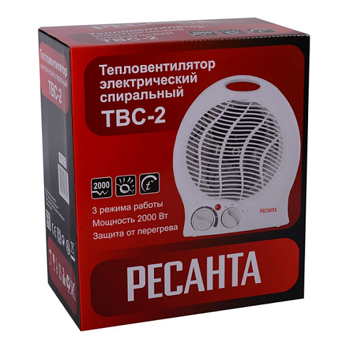 Тепловентилятор ТВС-2 РЕСАНТА, 2000 Вт, спиральный нагревательный элемент купить в СОМ